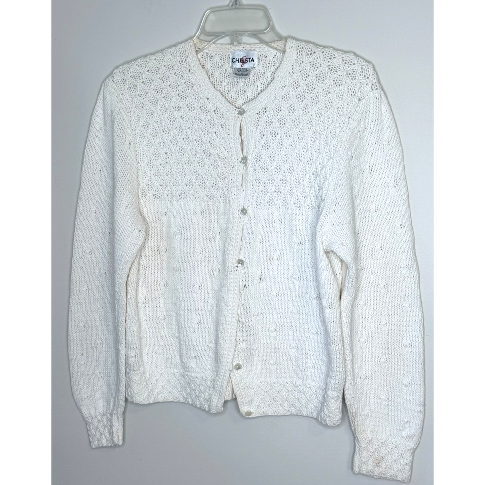 Vtg Christa J White Chunky Knit Cottage Core Cotton Cardigan Size L